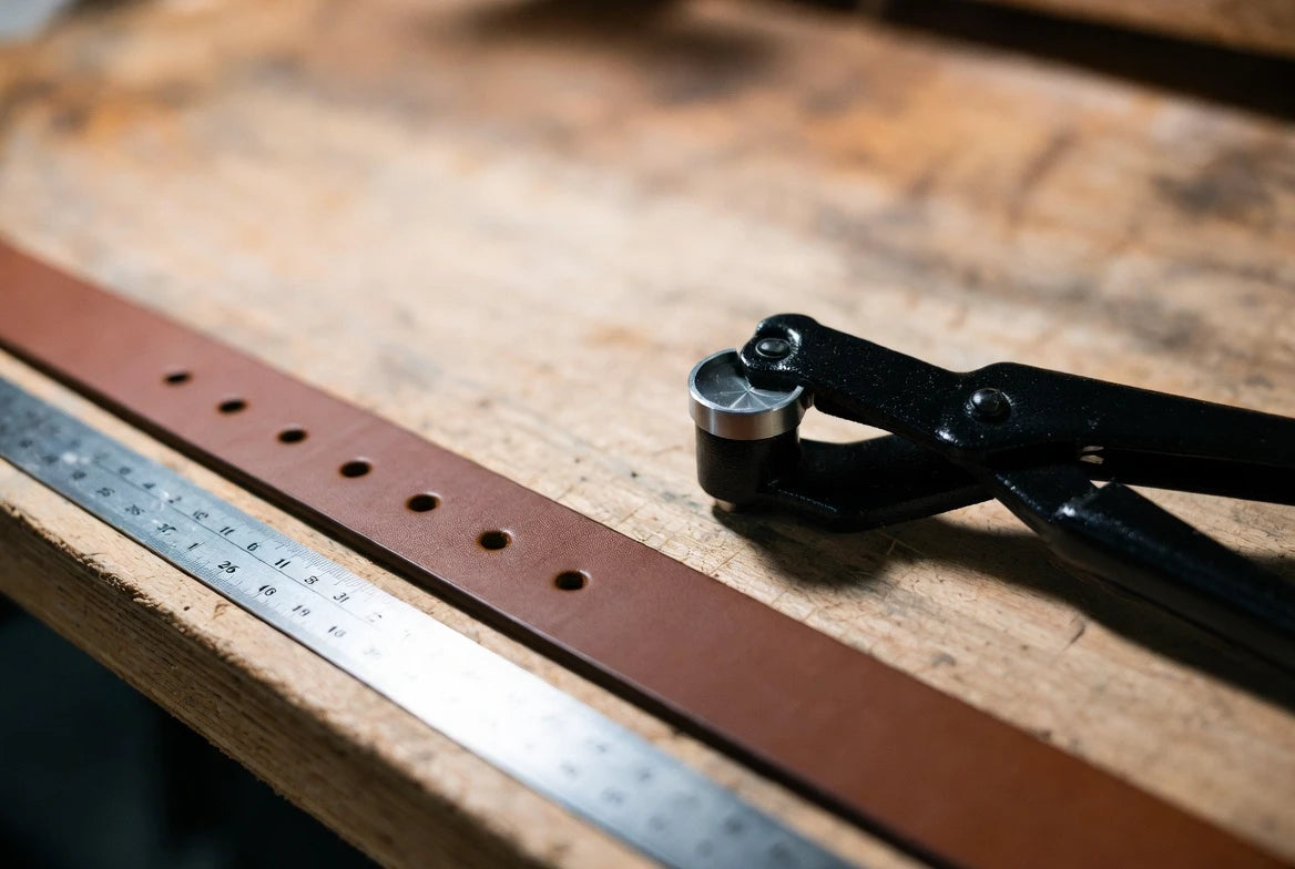 Close-up of a leather belt with measured hole spacing and a belt hole puncher