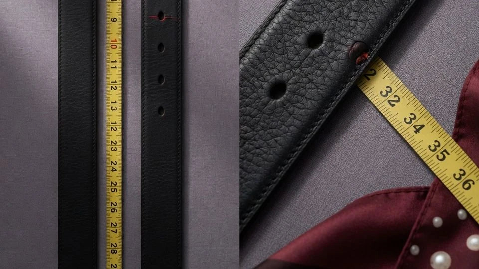 Leather belt laid flat with a measuring tape showing the distance from buckle end to middle hole