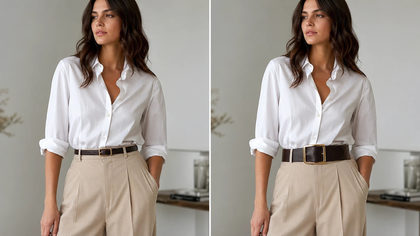 Side by side outfit balance comparison showing a suitable belt versus an overpowering belt