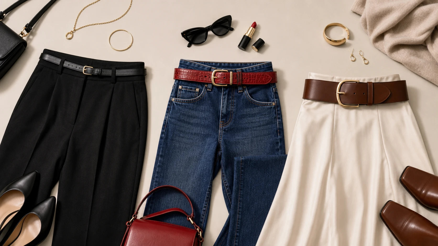 Flat lay comparison of belt widths with trousers, denim, and skirt outfits