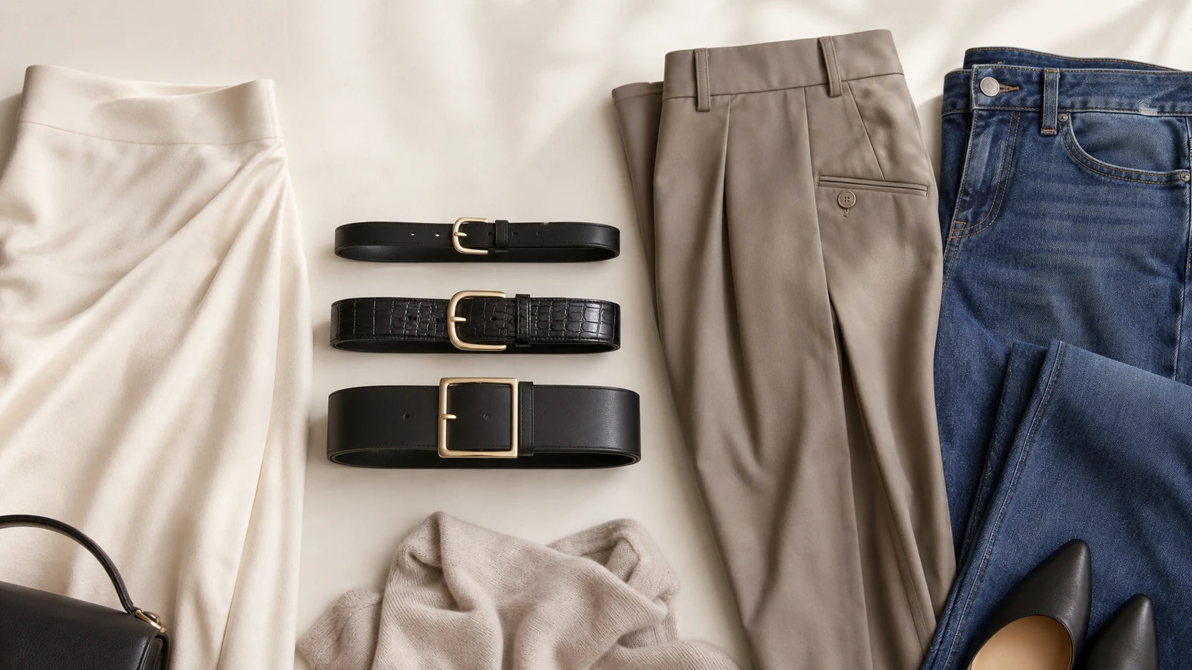 Three belt styles arranged with skirt, trousers, and denim to show outfit matching logic