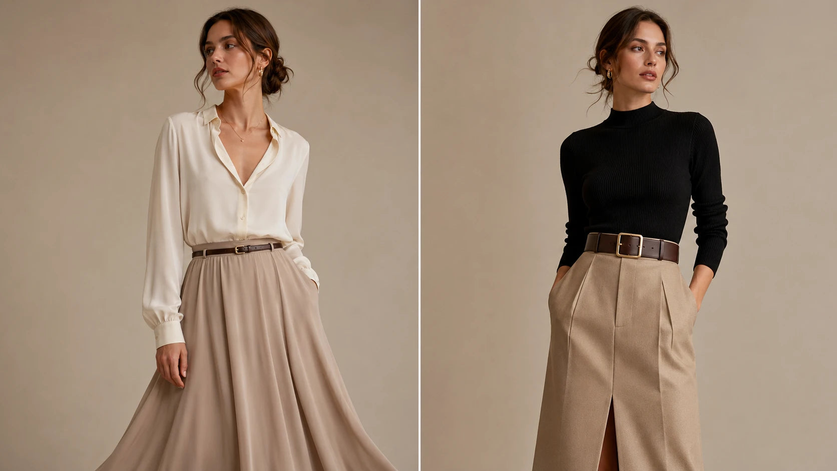 Side-by-side comparison of slim and medium belts styled with different skirt structures