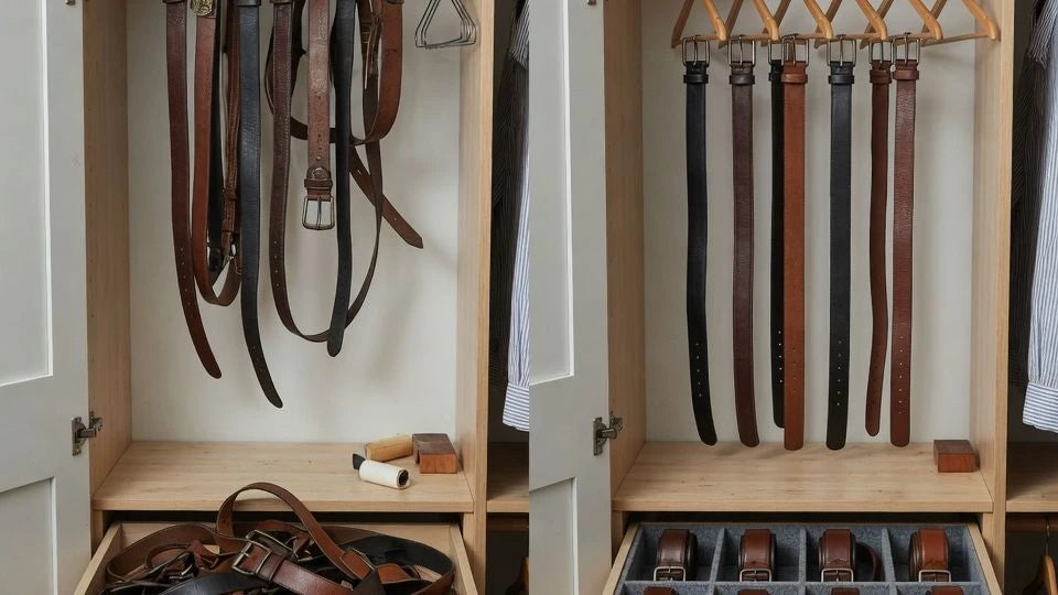 Common belt storage mistakes compared with a correct belt hanger and rolled storage setup