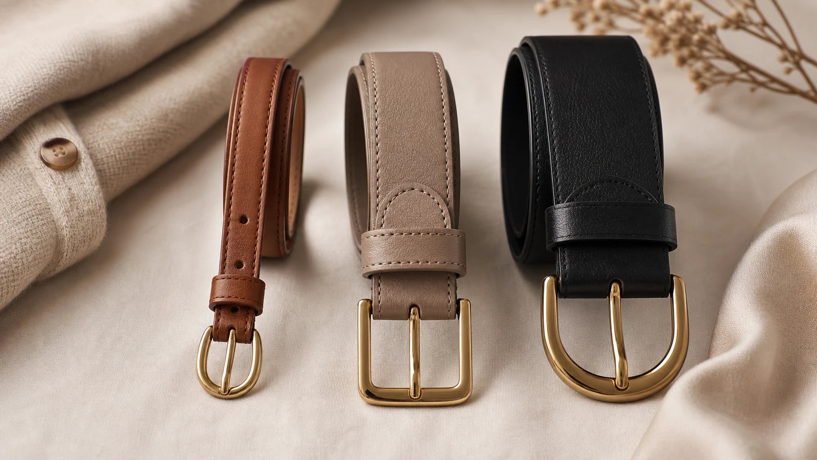 Comparison of slim, medium, and wide belts with matching buckle sizes