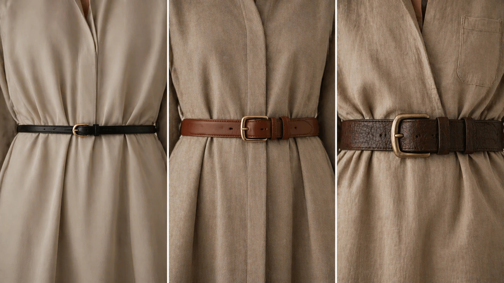 Comparison of slim, medium, and wider belts against different dress fabrics