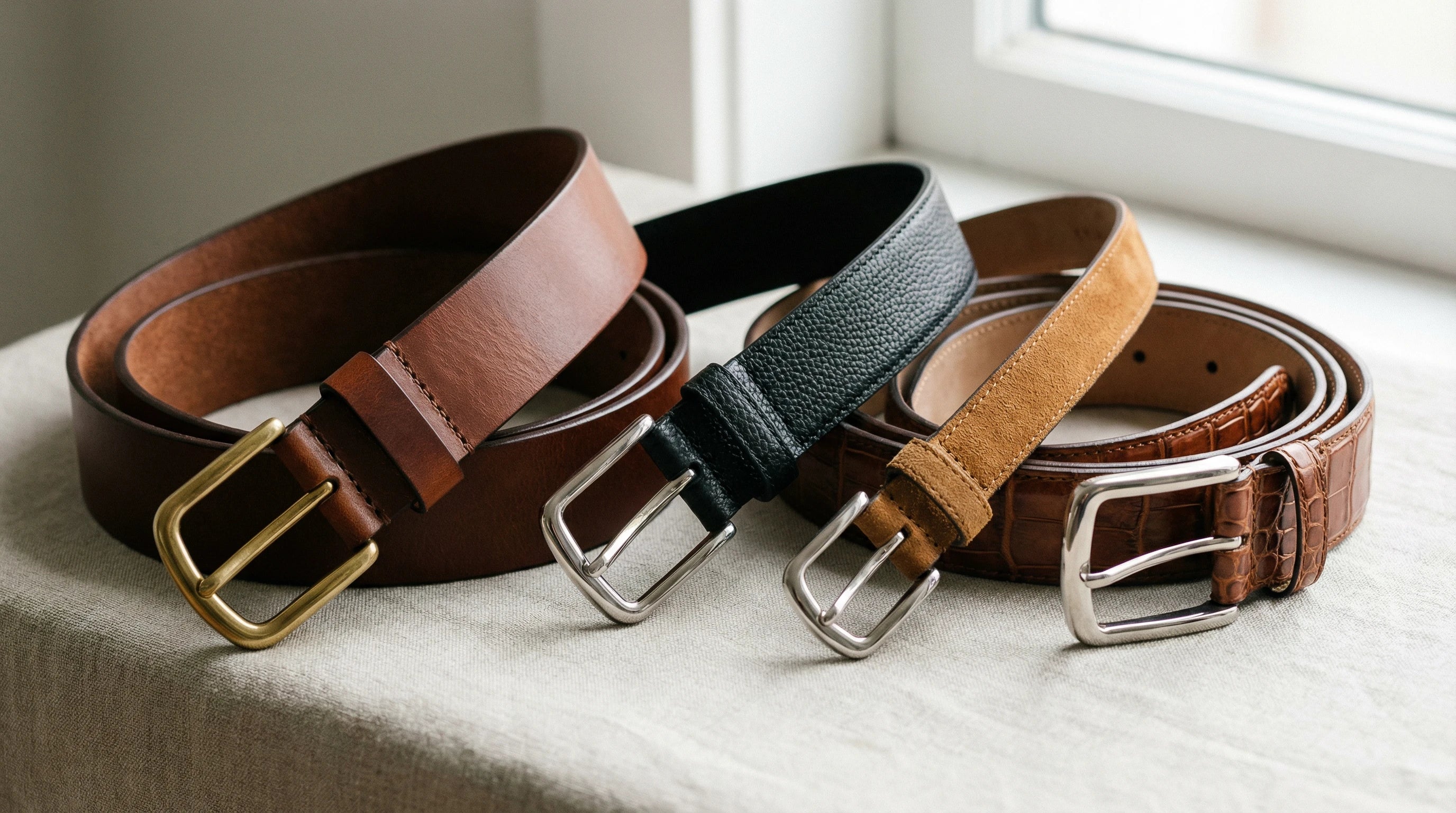 Leather belts in different widths and finishes for a belt size guide