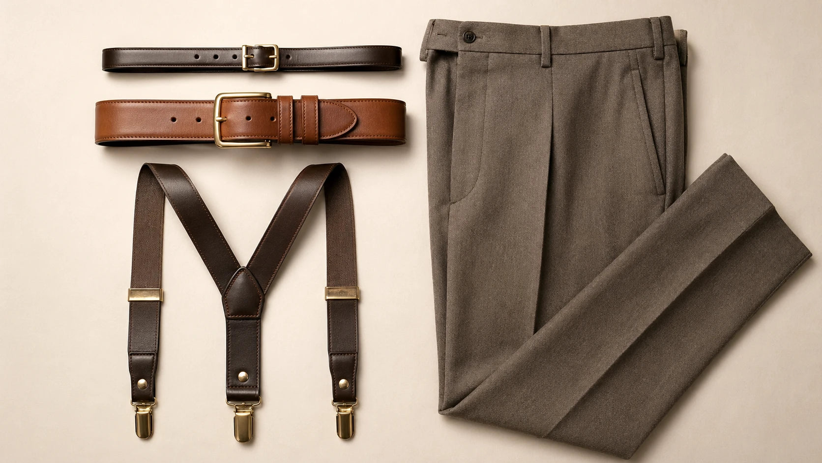 Flat lay of belts, suspenders, and tailored trousers showing how width affects outfit balance