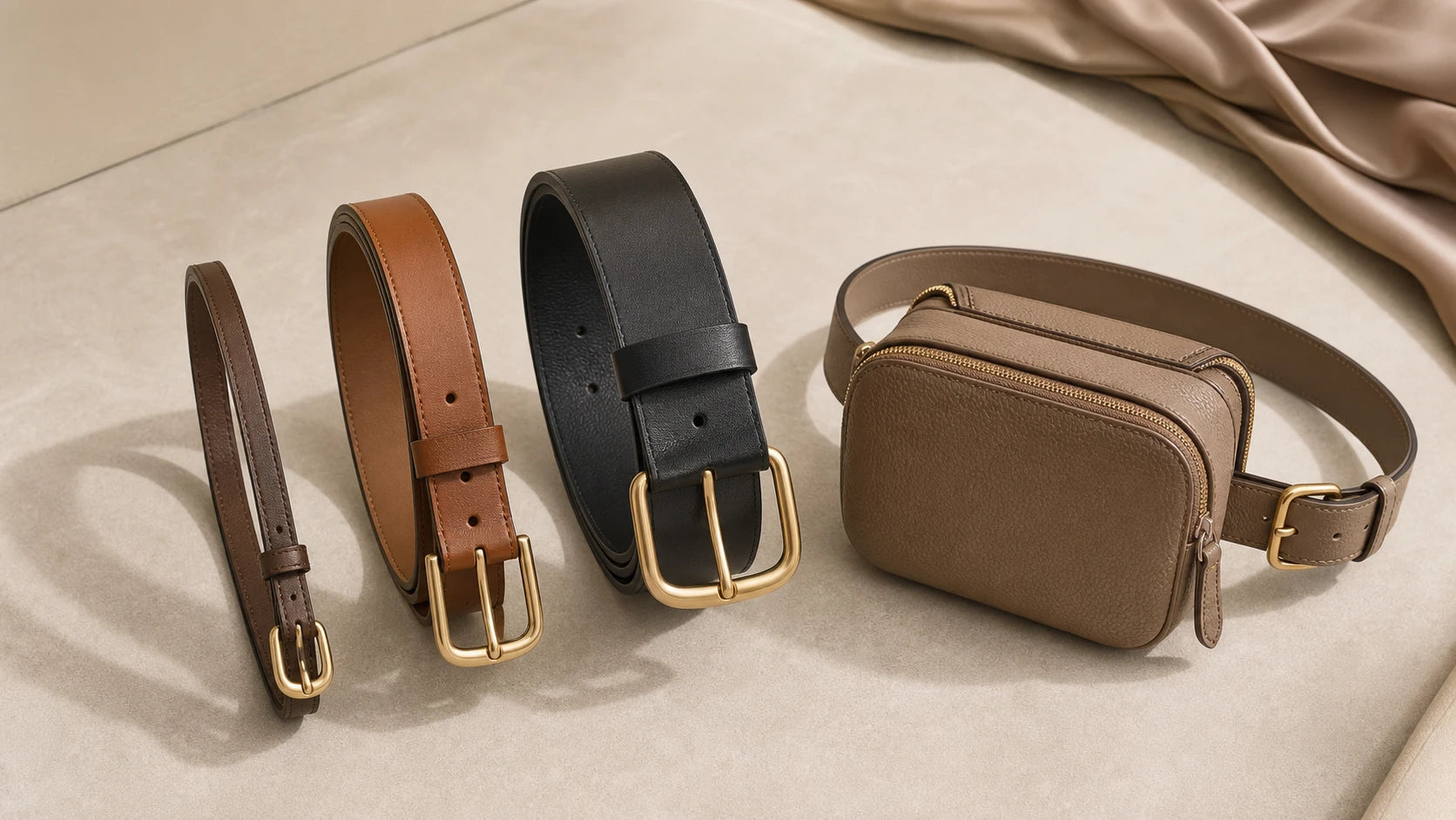 Slim, medium, and wider leather belts arranged beside a compact belt bag to show bulk differences