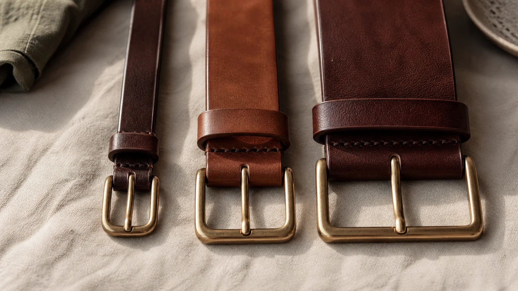 Close-up comparison of narrow, medium, and wide leather belts with different buckle sizes
