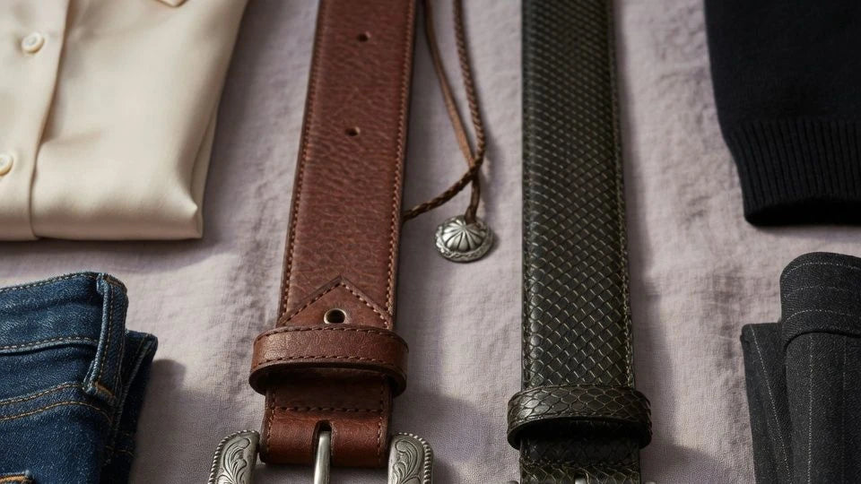 Side-by-side comparison of a western-inspired belt and a reptile-texture belt showing width and buckle differences