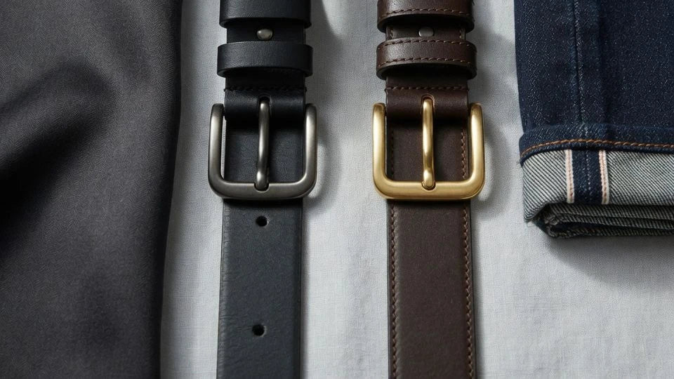 Slim and medium-width women's belts compared against dress fabric and denim for proportion guidance