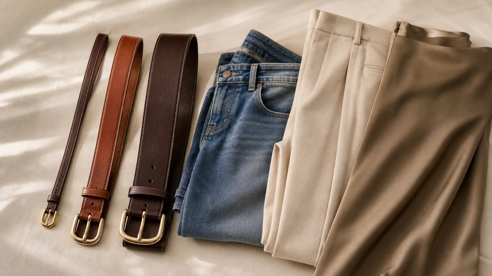 Comparison of slim, medium, and wider women's belts for different outfit types