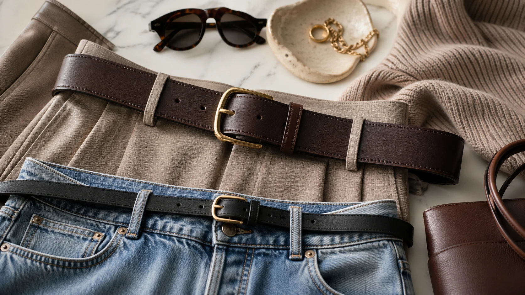 Side-by-side comparison of a wider belt and a slim belt to show loop fit and proportion differences