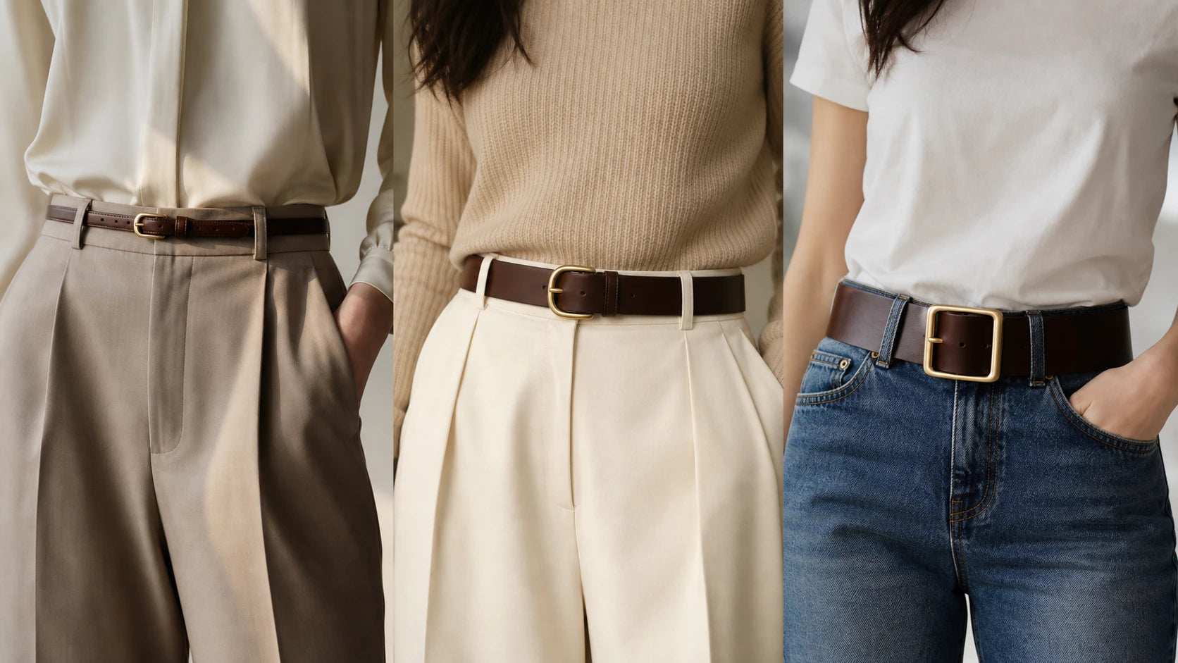 Comparison of slim, medium, and wide women's belt widths for trousers and denim