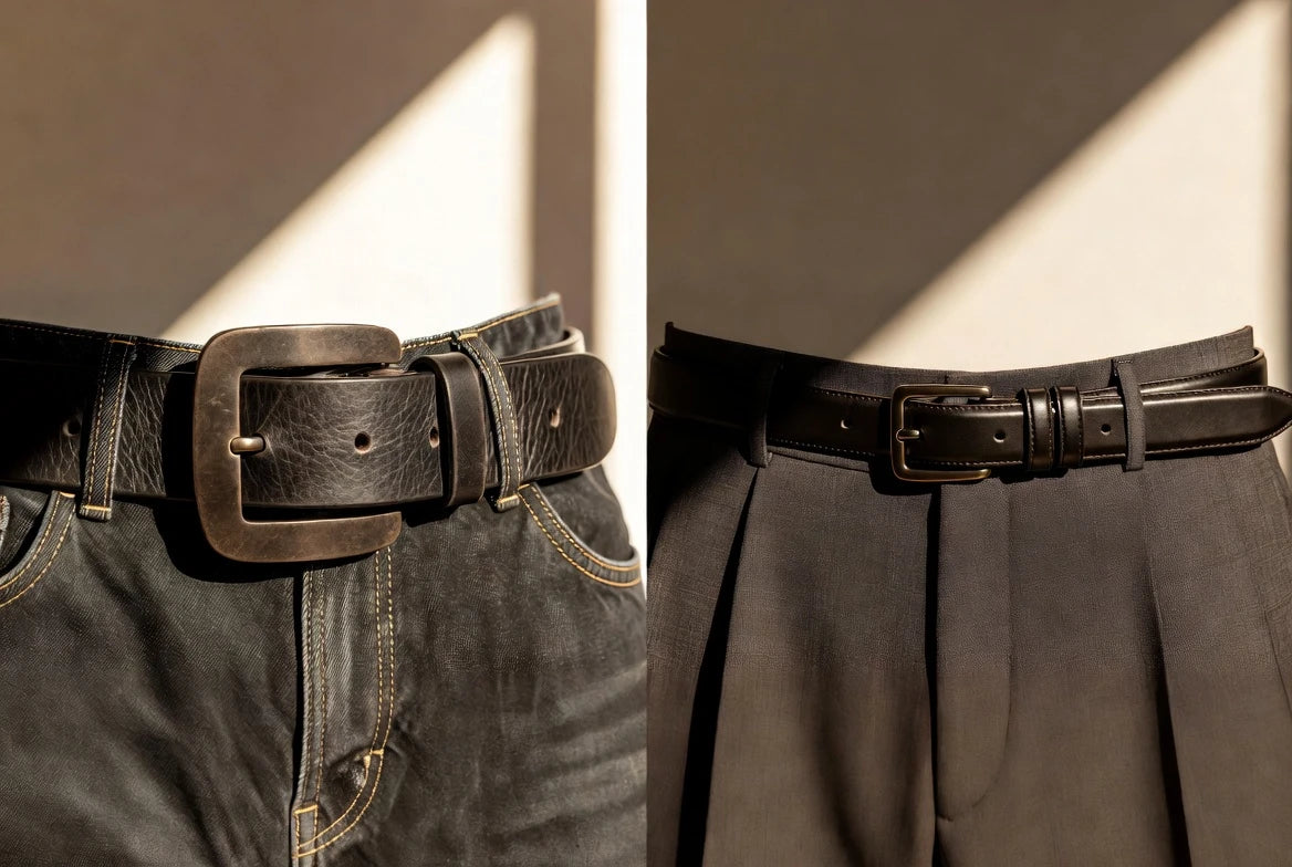 Comparison of wider belt with jeans and slimmer belt with tailored trousers