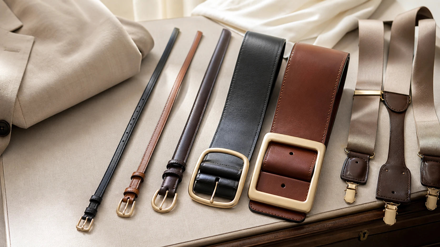 Women's slim and wide belts shown with suspenders to compare width and buckle proportion