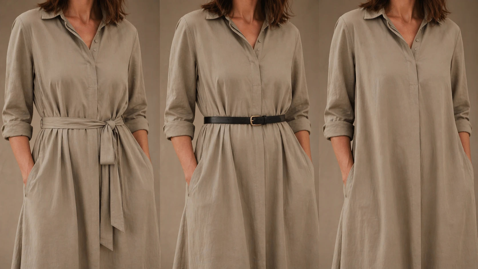 Side-by-side comparison of a belted dress with the original tie, a slim leather belt, and no belt