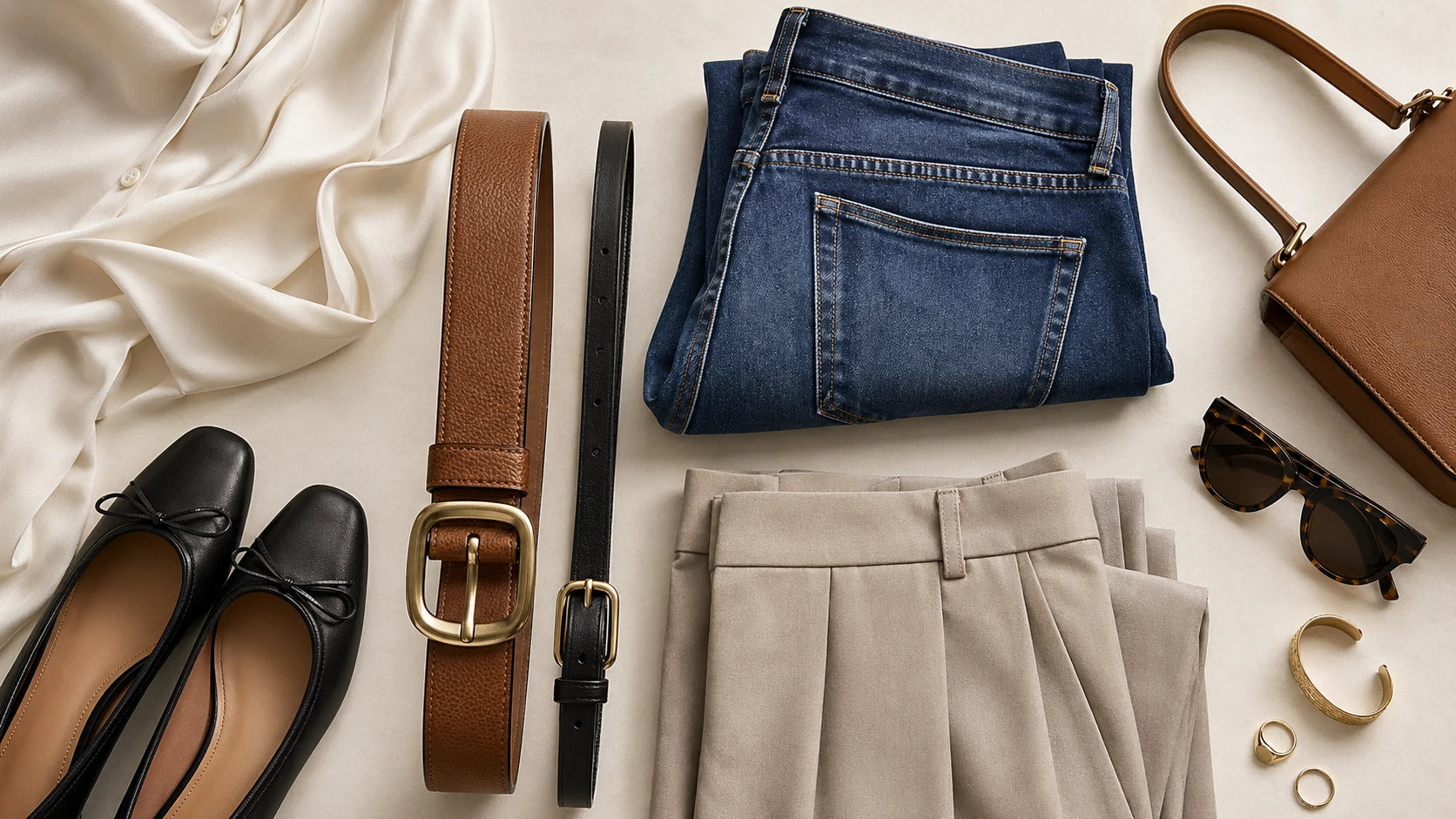 Wardrobe flat lay comparing textured medium-width belt with slim belt for different outfit uses
