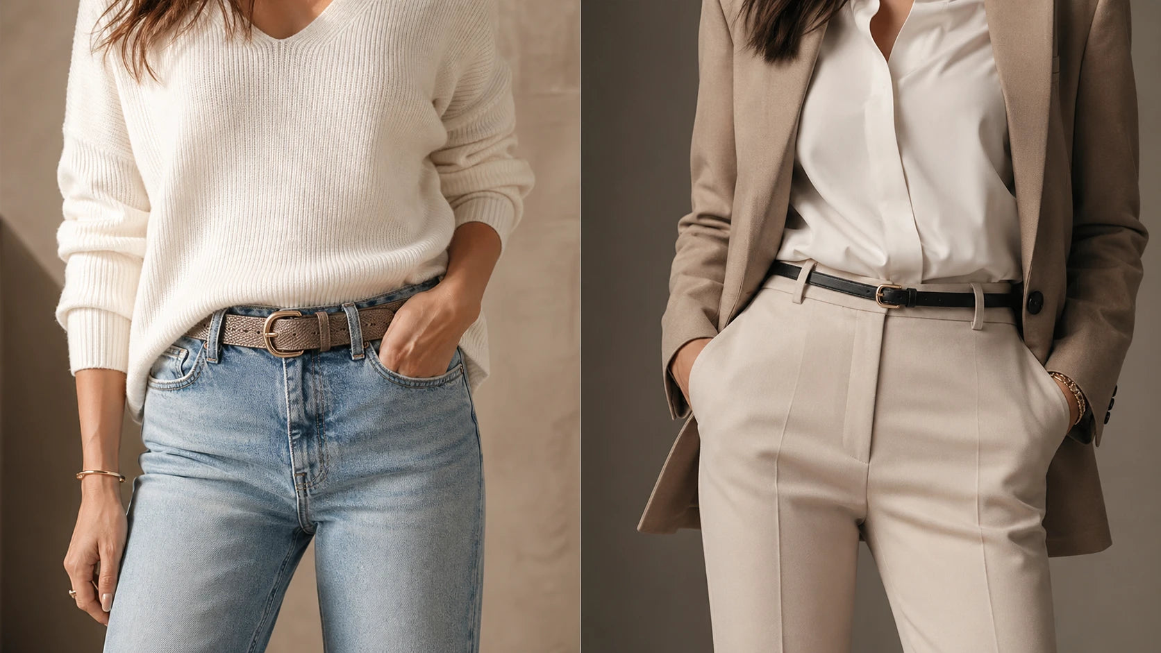 Comparison of textured medium-width belt for casual outfits and slim polished belt for dressier outfits