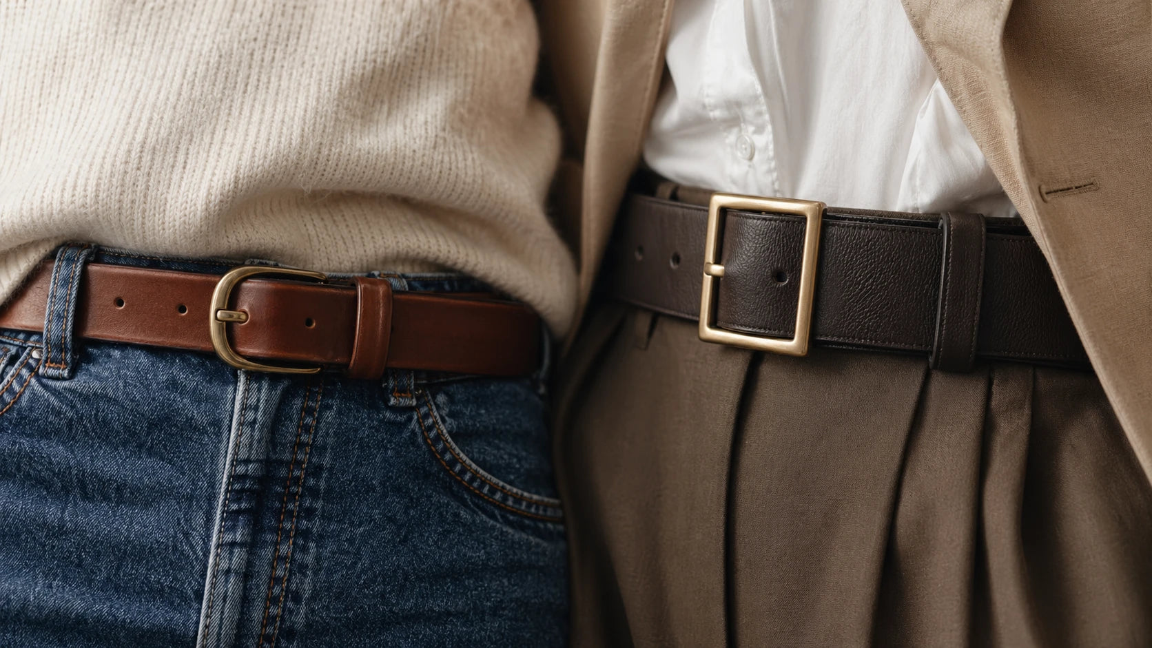 Close-up comparison of medium-width textured belt on denim and slimmer belt on tailored trousers