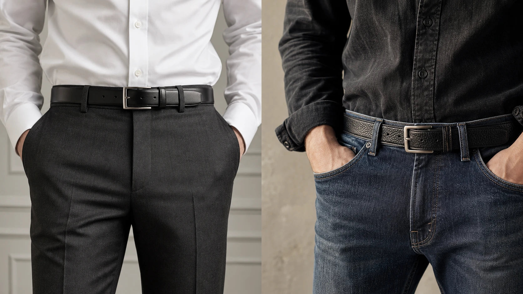 Black leather belt shown with tailored trousers and casual denim for material comparison