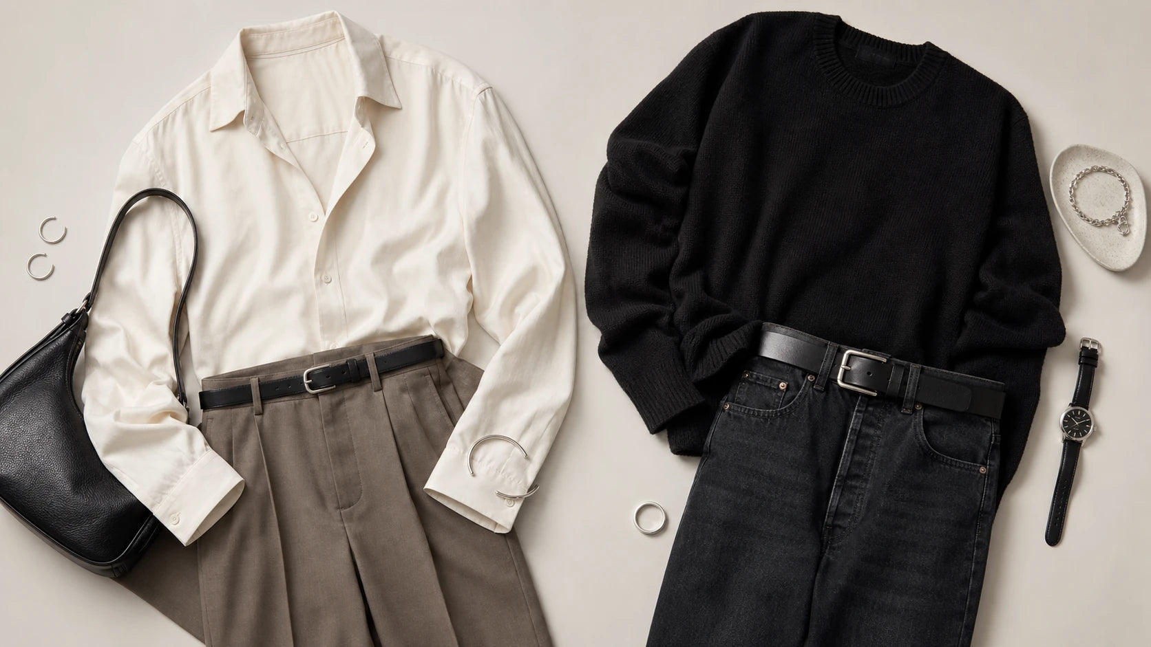 Black belt wardrobe checklist flat lay with dress and casual outfit pairings