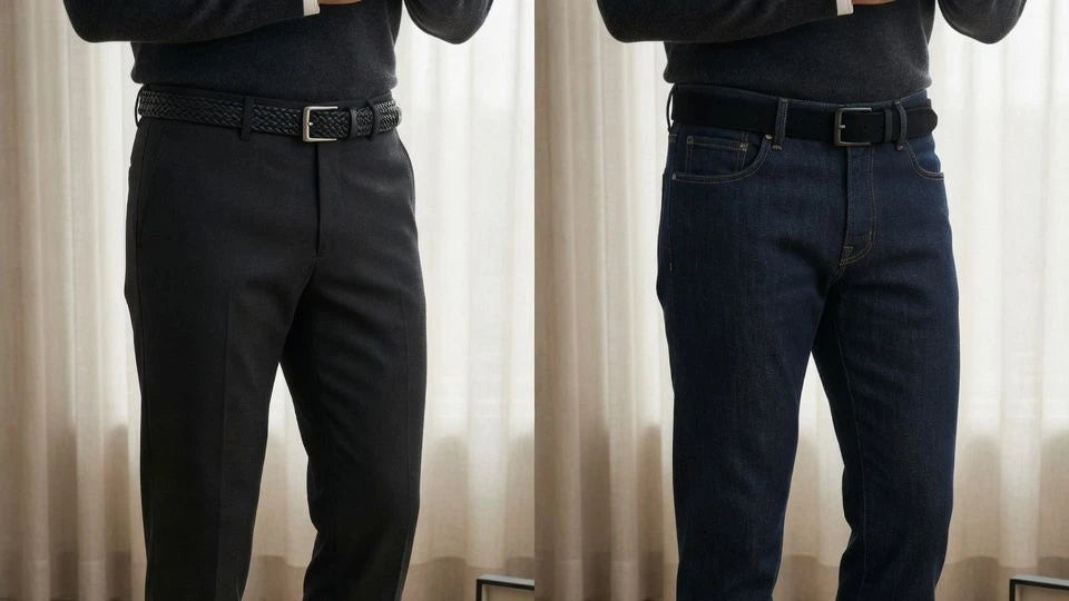 Black belt styled with tailored trousers and dark denim to show balanced fit