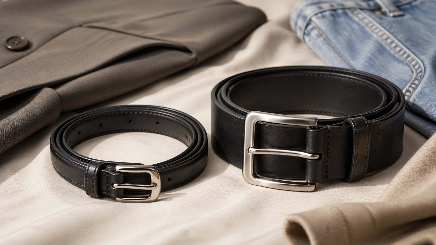 Comparison of slim and wider black women's belts showing dressy versus casual proportions