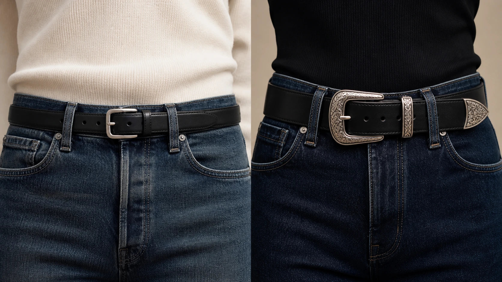 Side by side comparison of a slim black belt and a wider western-style black belt on denim waistbands