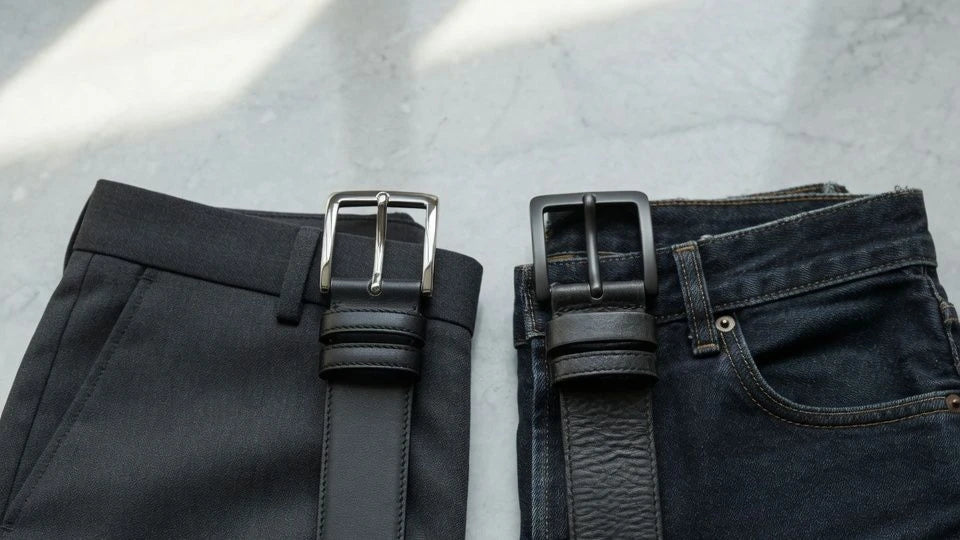 Comparison of slim and wider black belts with dress trousers and denim