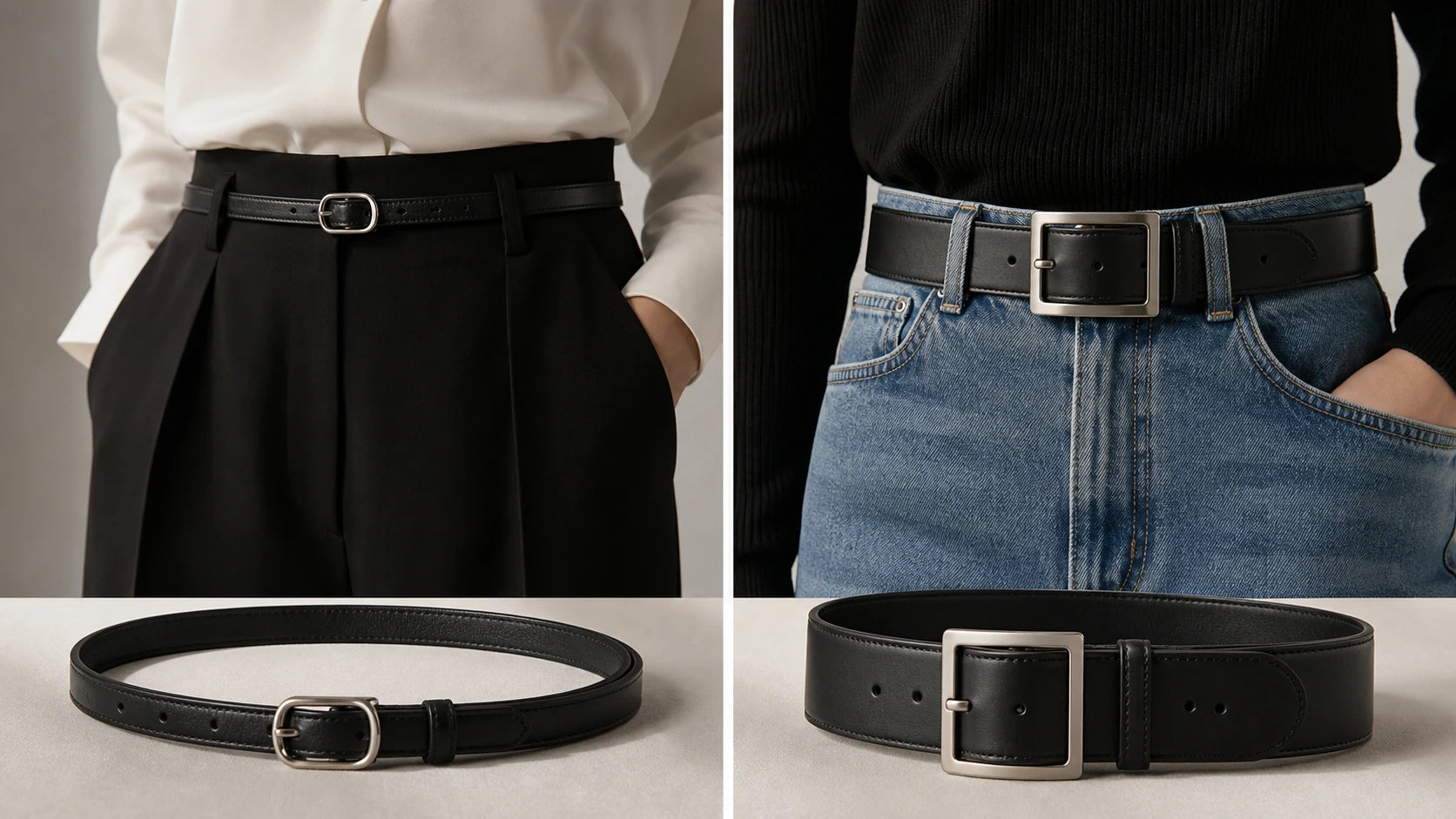 Slim and wider black belts compared for trousers and denim