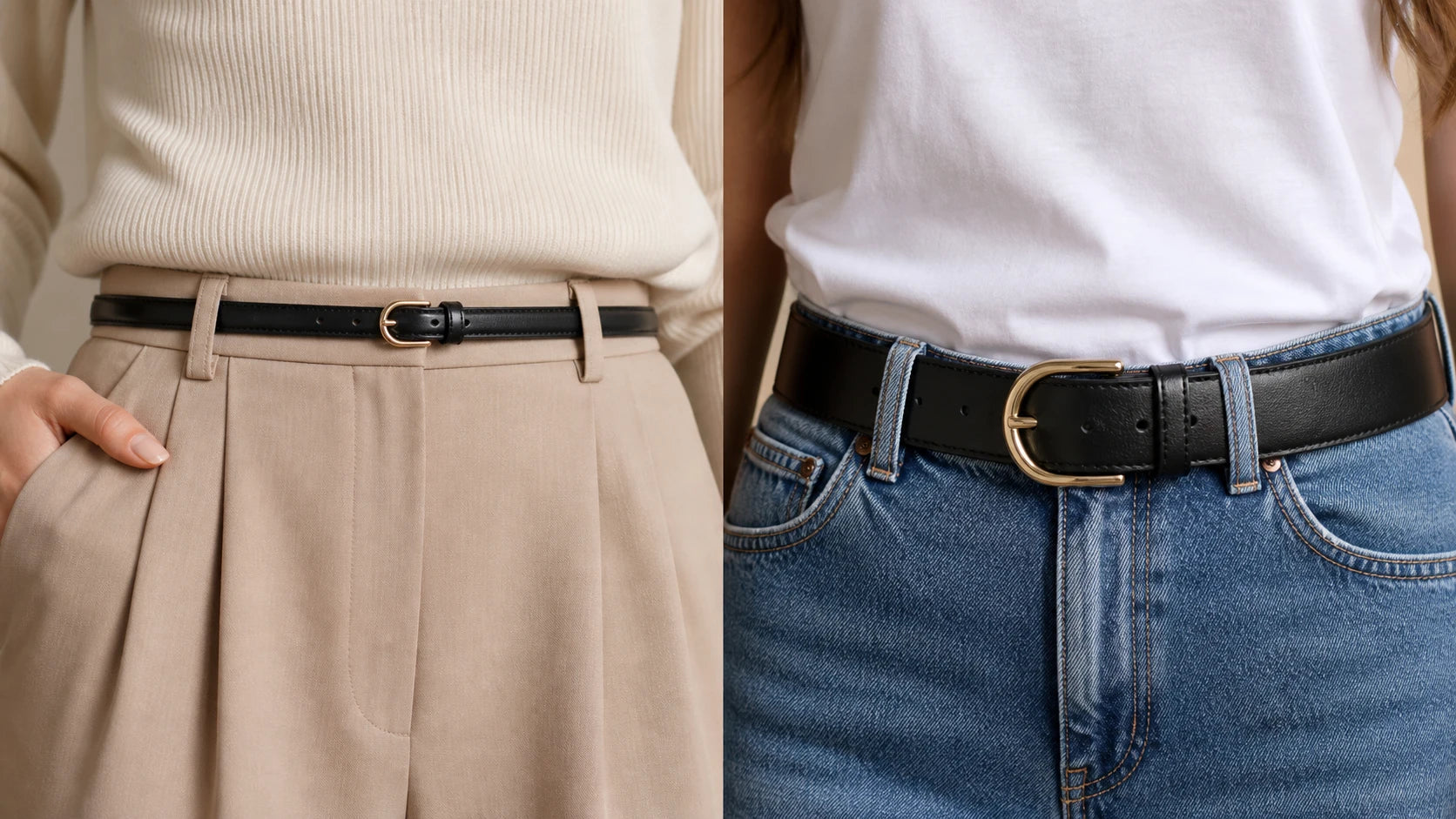 Slim and medium-width black belts compared on trousers and denim