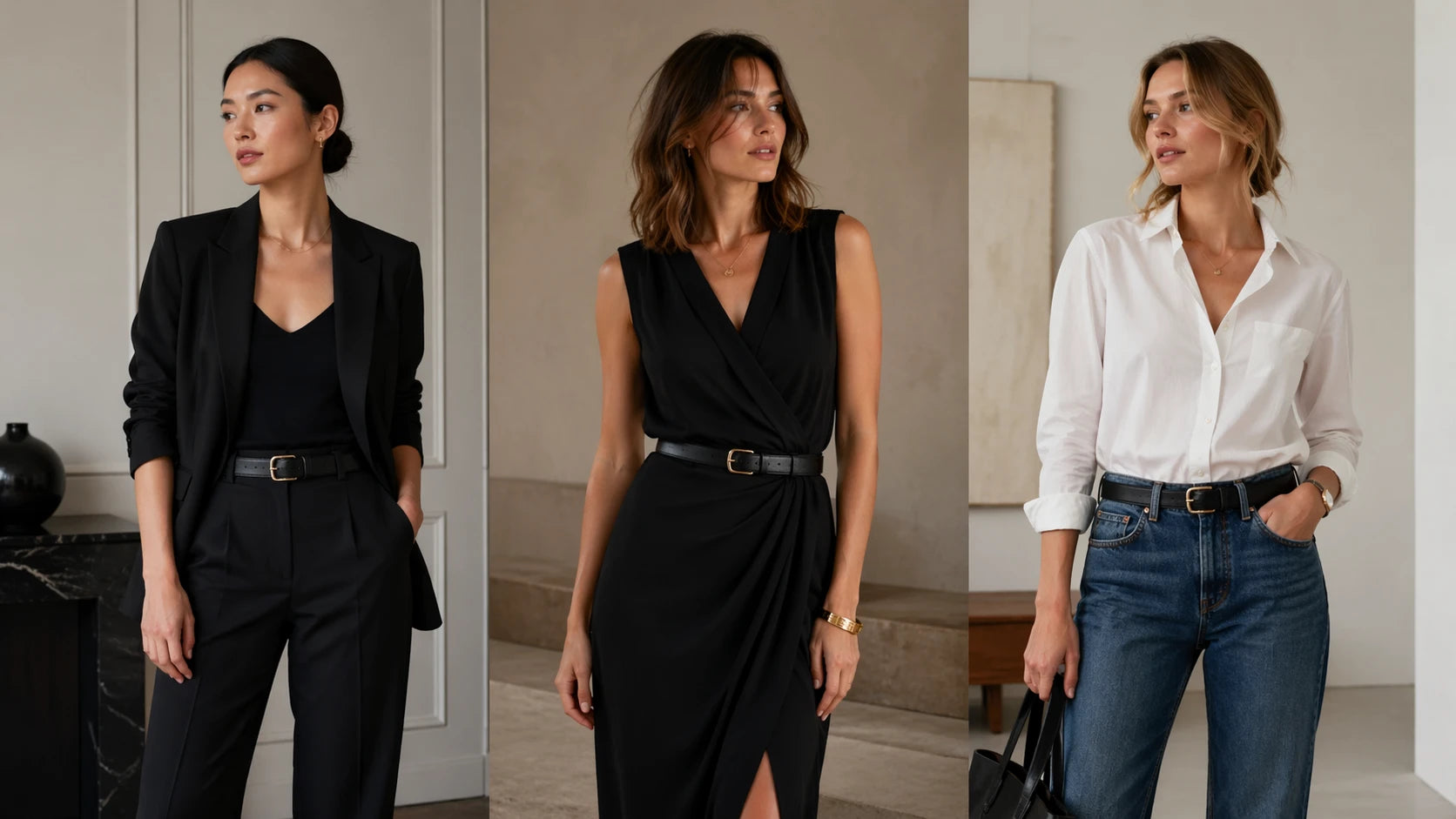 Three outfit scenarios showing how black belt width changes the look with trousers, dresses, and smart-casual outfits