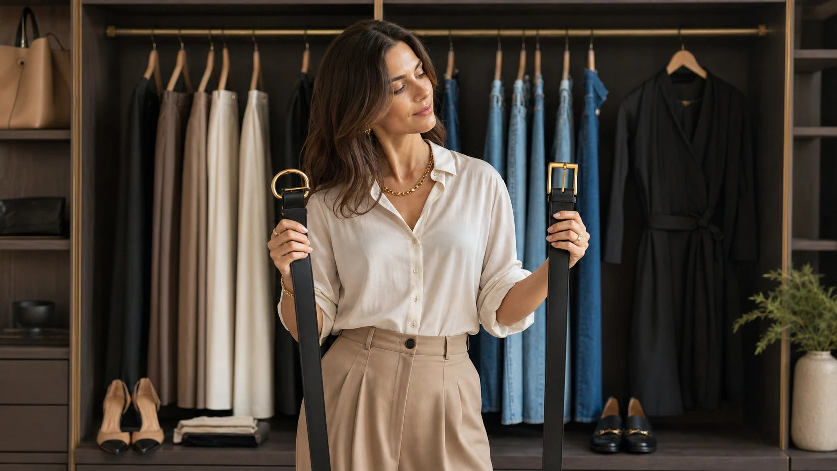 Woman comparing two black belts with gold-tone buckles in front of a wardrobe