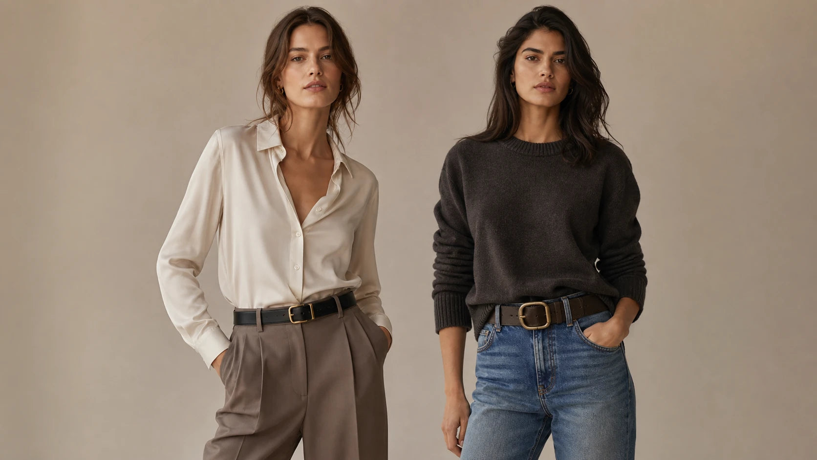 Comparison of black and gold belt styling with tailored trousers and denim outfits
