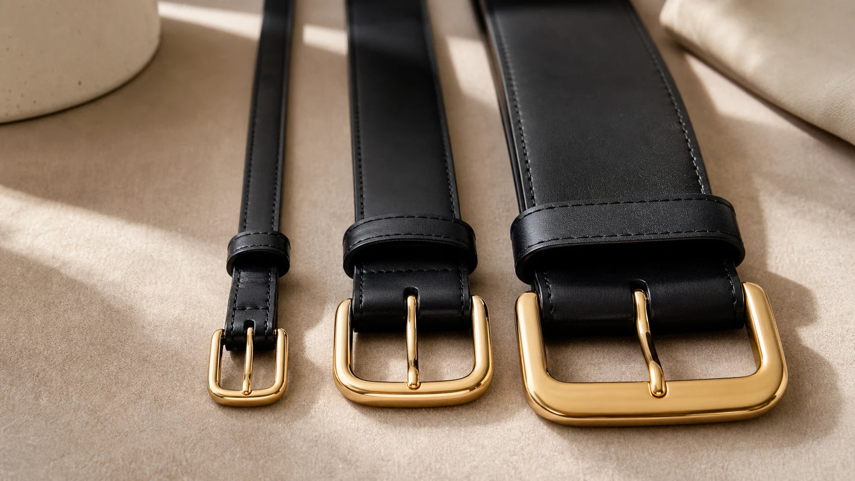 Close-up comparison of black belts with gold-tone buckles in slim, medium, and wide widths