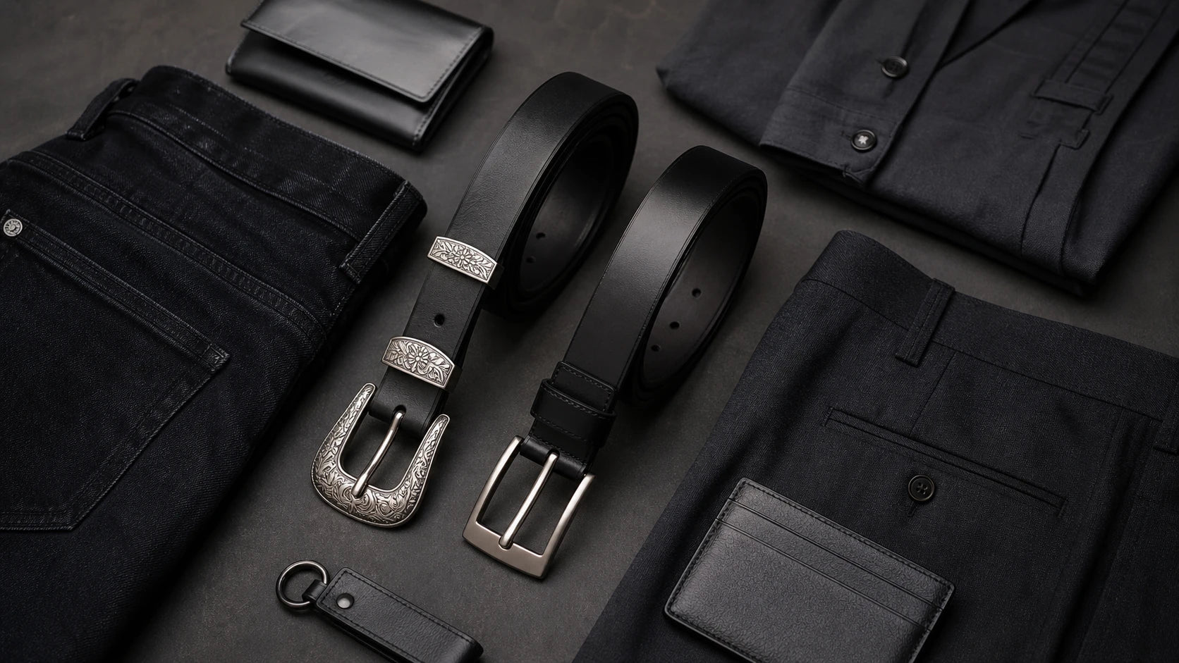 Flat lay of a black western belt with denim, tailored trousers, and accessories for first-buy decision making