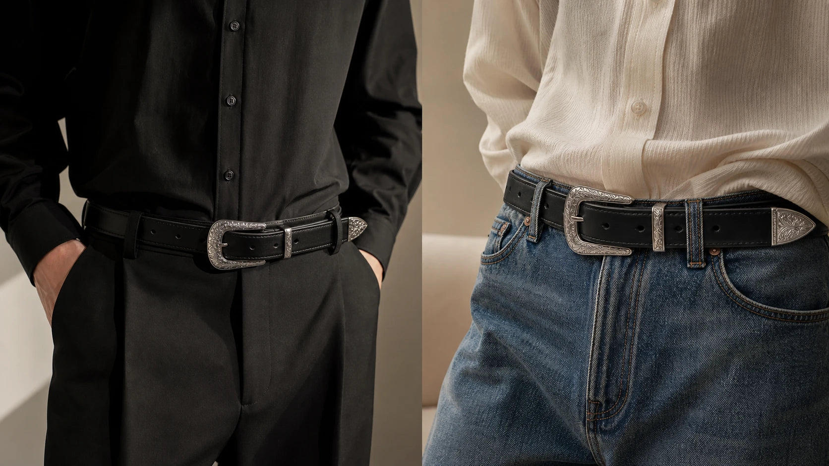 Black western belt styled with tailored trousers compared with denim to show outfit balance