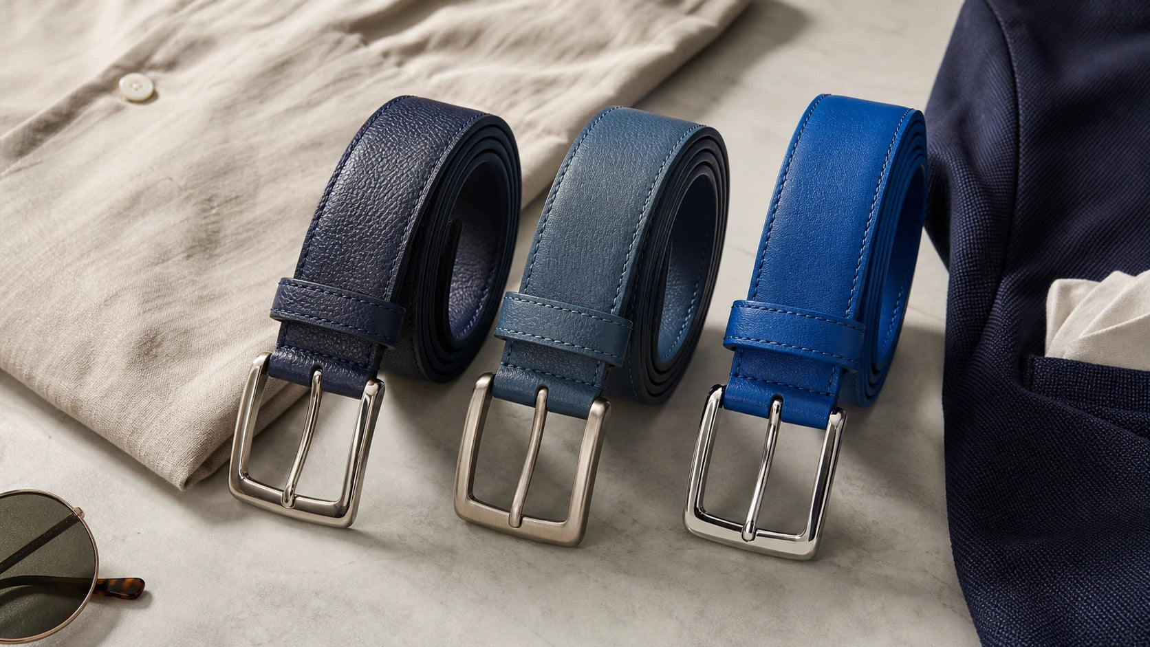 Comparison of navy, muted blue, and bright blue belts with different buckle finishes