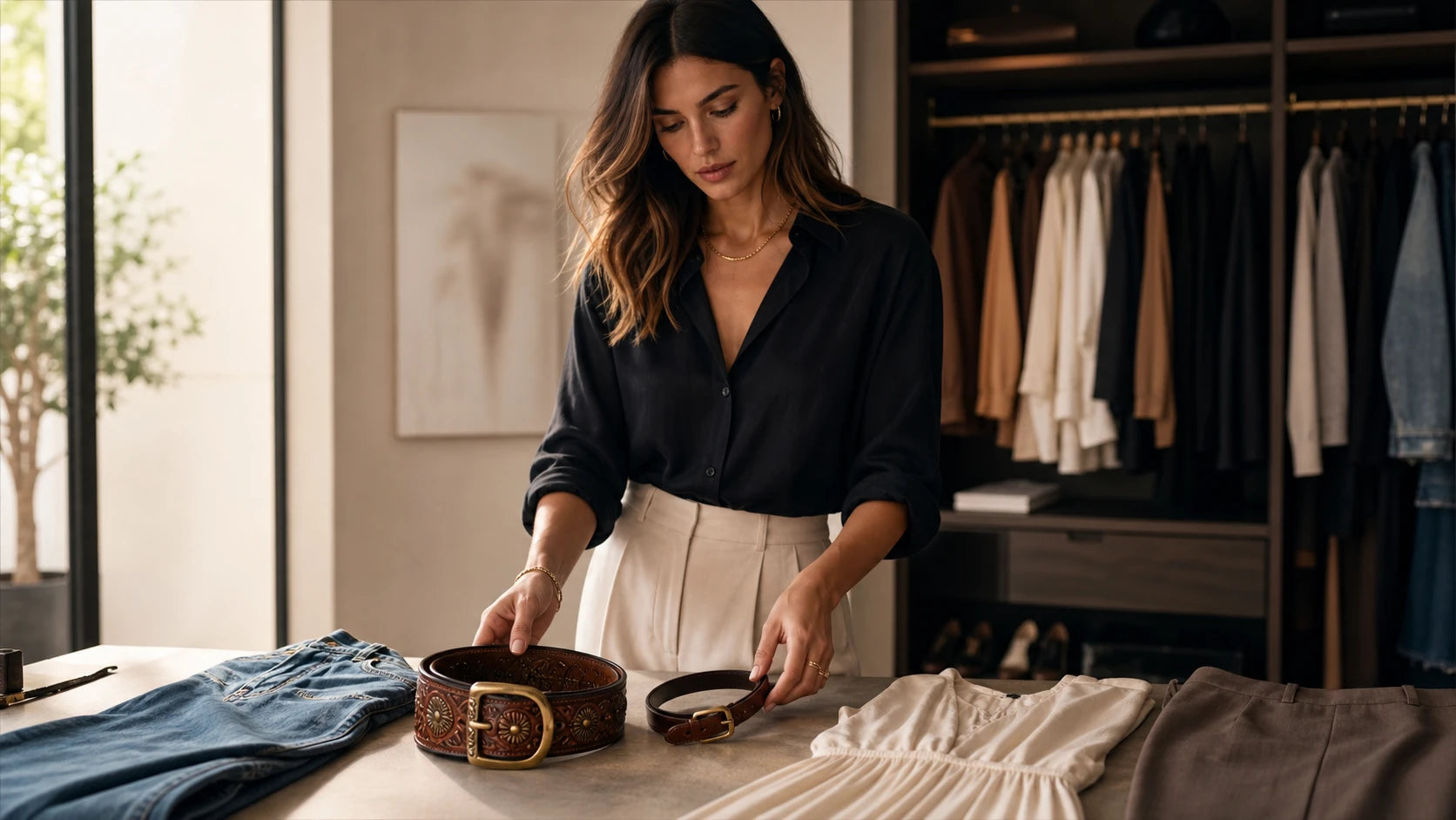 Woman comparing two boho-inspired belts next to jeans, a dress, and tailored trousers