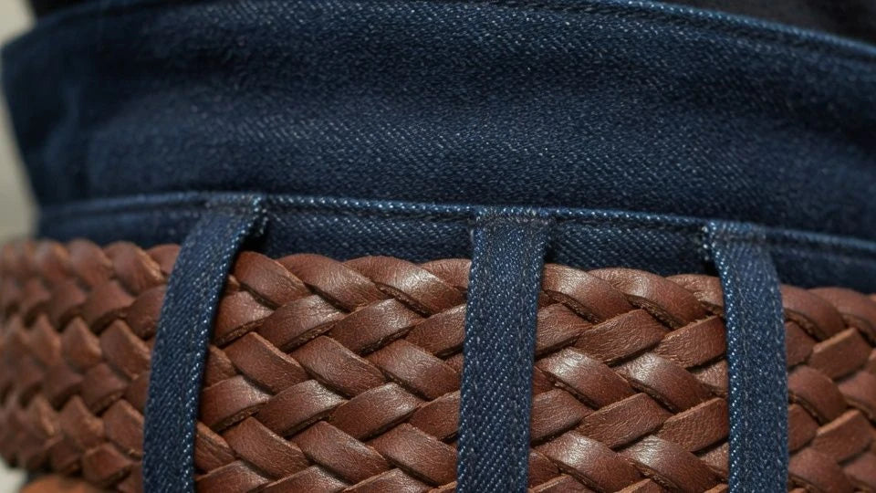 Close view of a braided belt showing how width and thickness sit inside different belt loops