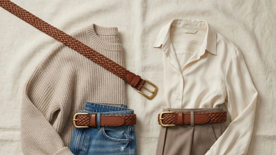 Wardrobe flat lay showing when a braided belt works best with women's casual and smart-casual outfits