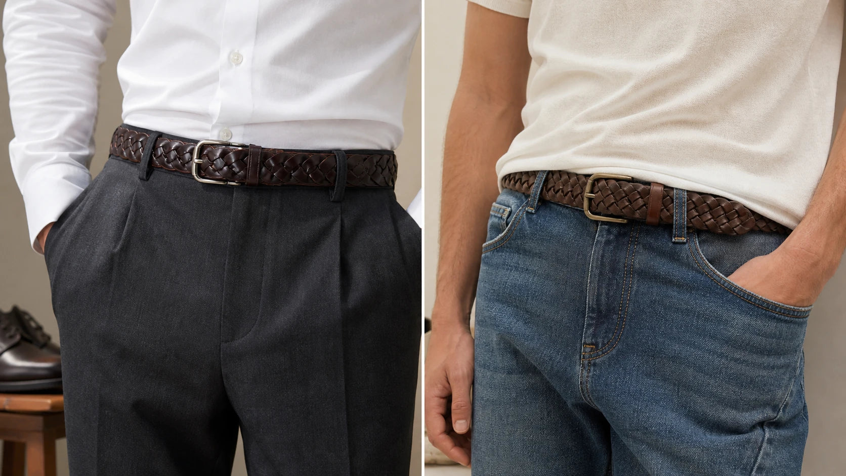 Comparison of firmer smooth braided leather belt for polished outfits and softer matte braided leather belt for casual outfits