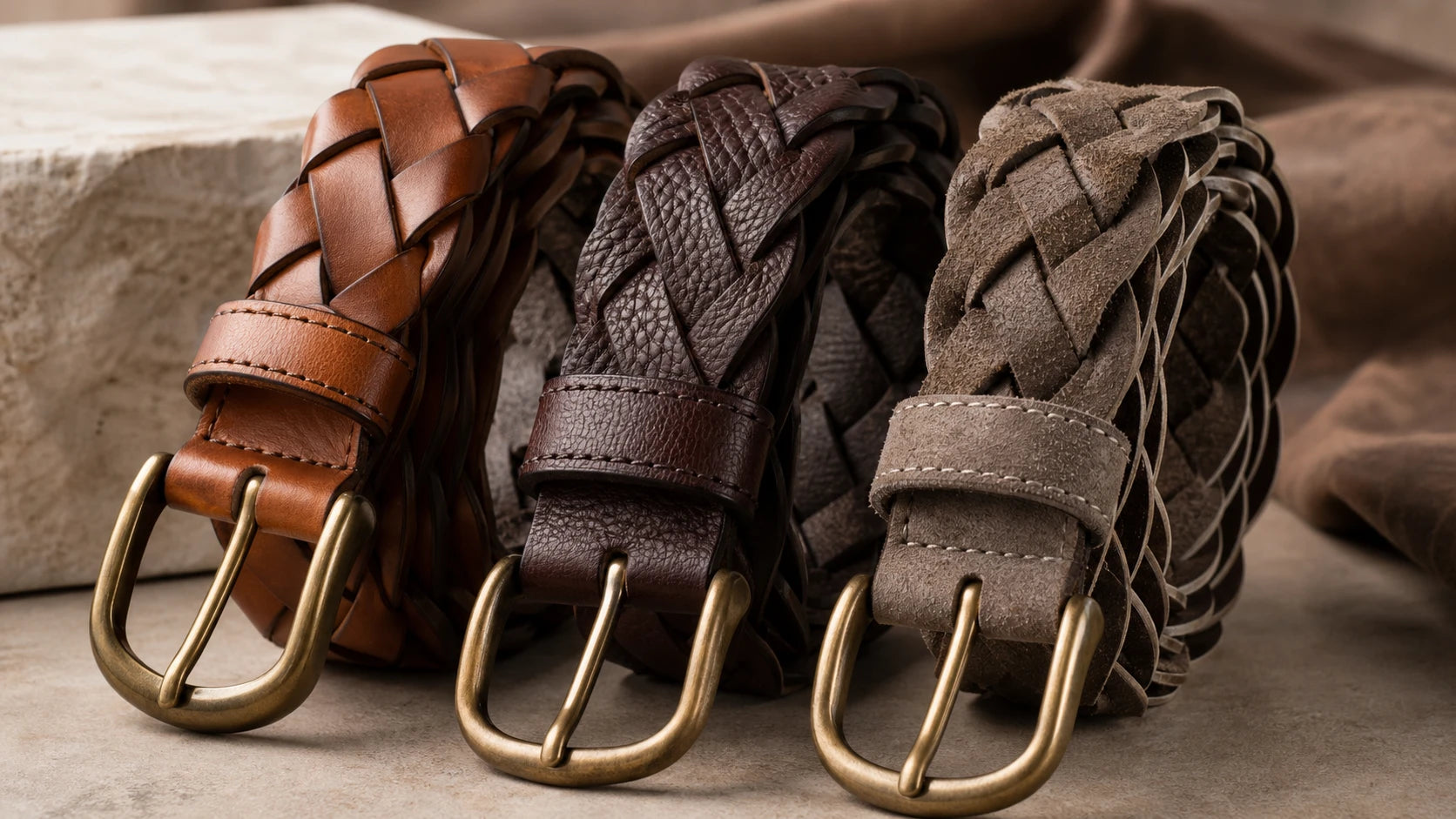 Close-up comparison of braided leather belts showing different grain, finish, and weave tension