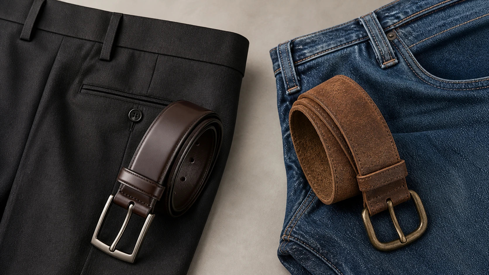 Refined brown belt versus overly casual brown belt shown with trousers and denim