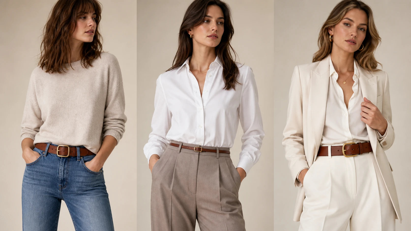 Brown belt styling comparison with jeans, trousers, and a dressier outfit