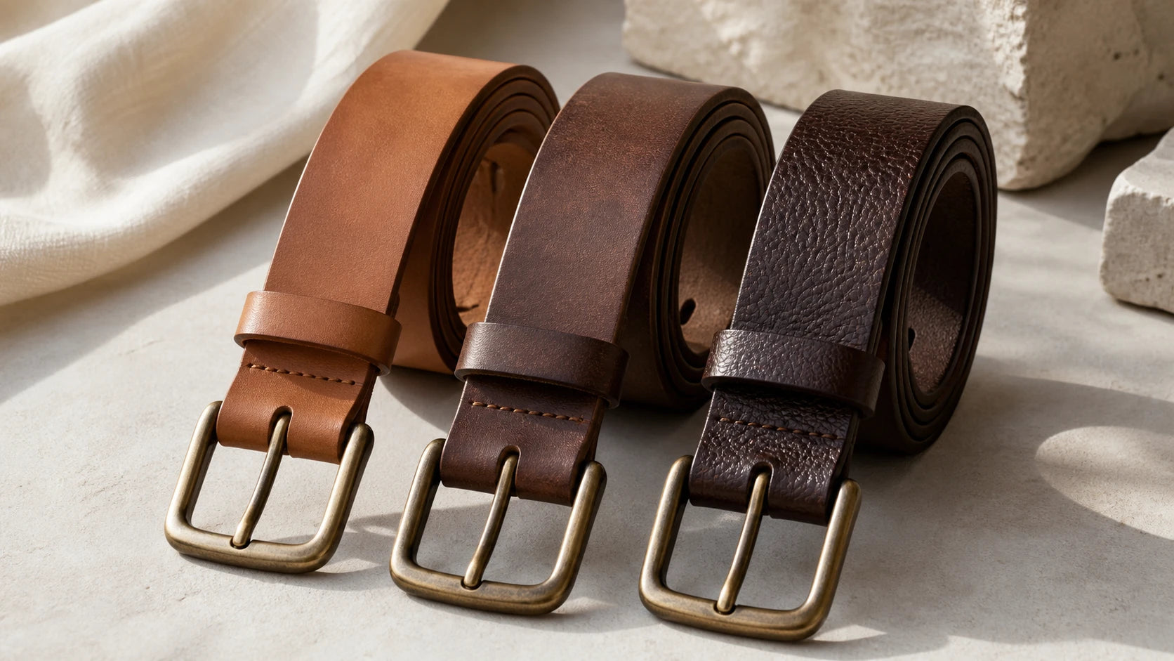 Three brown belts comparing light and dark shades with polished and matte finishes