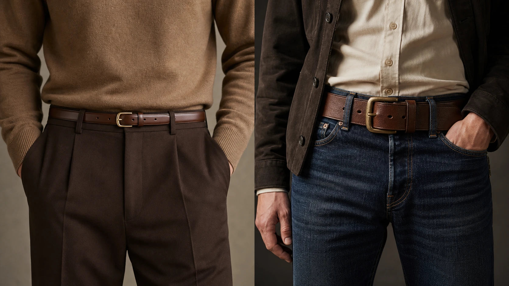 Comparison of slim brown belt with trousers and wider brown belt with jeans