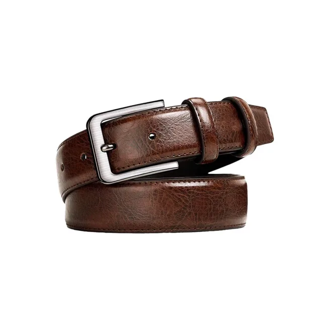 Brown classic dress belt with square buckle in size 34 in on a white background