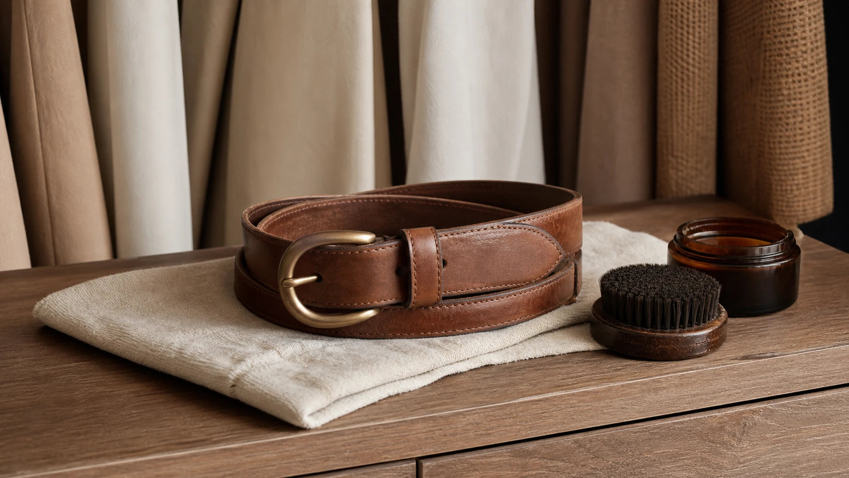 Brown leather belt showing patina and simple care setup